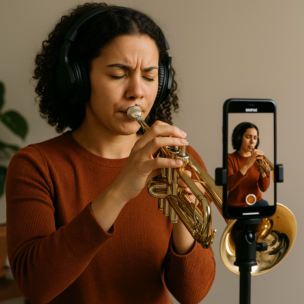 Trumpet player recording a practice session
